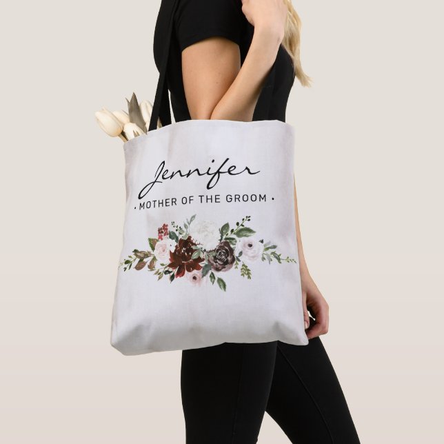 Boho Burgundy Pink Floral Script Mother of Groom Tote Bag (Close Up)