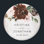 Boho Burgundy Pink Rose Watercolor Floral Wedding Magnet<br><div class="desc">This elegant boho floral wedding magnet features hand painted burgundy and blush pink watercolor roses with greenery on the left and to the right is your names and return address to personalise on a shiny champagne and tan watercolor background. Designed by Susan Coffey.</div>