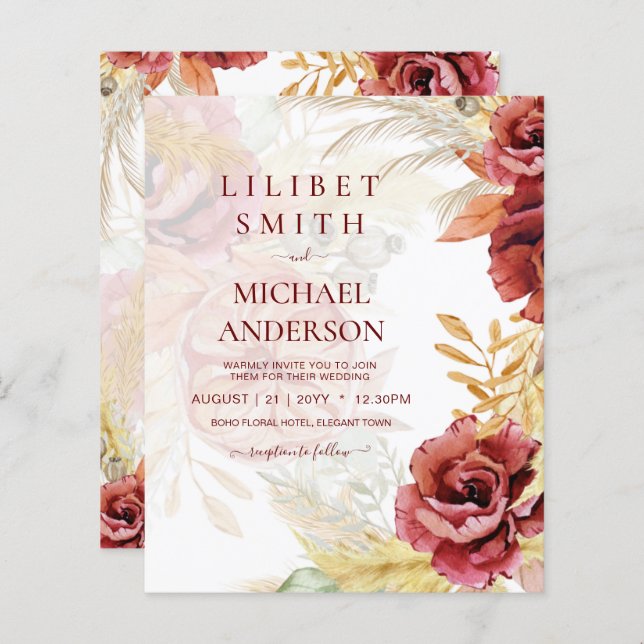 BOHO Burgundy Rose Pampas Grass Wedding (Front/Back)