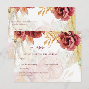 BOHO Burgundy Rose Pampas Grass Wedding Postcard