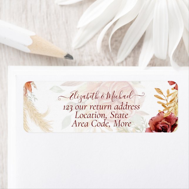 BOHO Burgundy Rose Pampas Grass Wedding Return Address Label (Insitu)