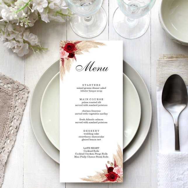 Boho Burgundy Roses and Pampas Grass Menu (Boho Burgundy Roses and Pampas Grass Menu on an off-white boho wedding dinner table.)