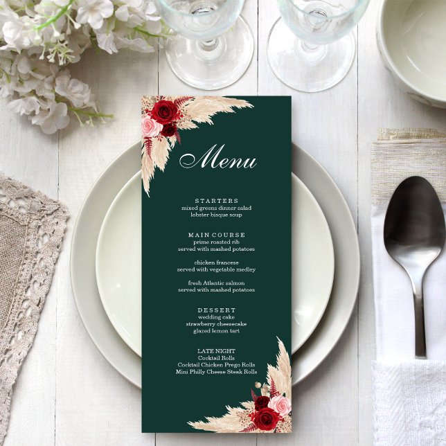 Boho Burgundy Roses and Pampas Grass Menu (Boho Emerald Green and Burgundy Roses with Pampas Grass Menu on a white wedding dinner table.)