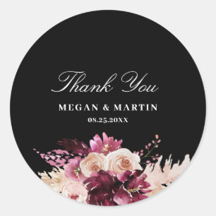 Boho Burgundy Roses Black Thank You   Classic Round Sticker