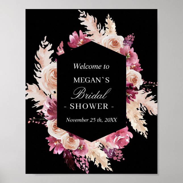 Boho Burgundy Roses Bridal Shower  Frame Poster (Front)