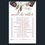 Boho Burgundy Roses fall Bridal Shower Game Flyer<br><div class="desc">Who knows the Bride best Bridal "Would she rather" shower game. Fall boho burgundy roses design.</div>