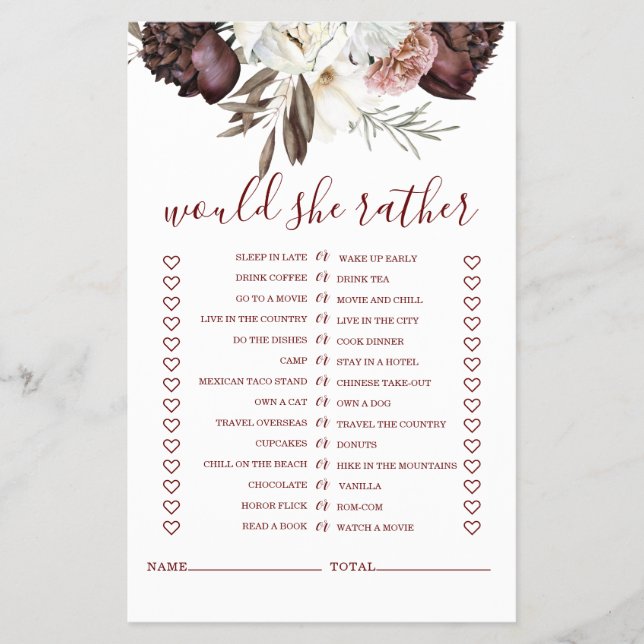 Boho Burgundy Roses fall Bridal Shower Game Flyer (Front)