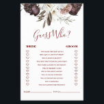 Boho Burgundy Roses fall Bridal Shower Game Flyer<br><div class="desc">Who knows the Bride best Bridal "Guess Who? "shower game. Fall boho burgundy roses design.</div>