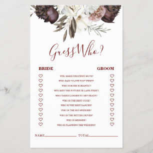 Boho Burgundy Roses fall Bridal Shower Game Flyer