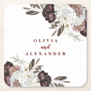 Boho Burgundy Roses fall floral wedding Napkins Square Paper Coaster