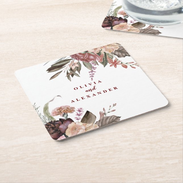 Boho Burgundy Roses fall floral wedding Square Paper Coaster (Angled)