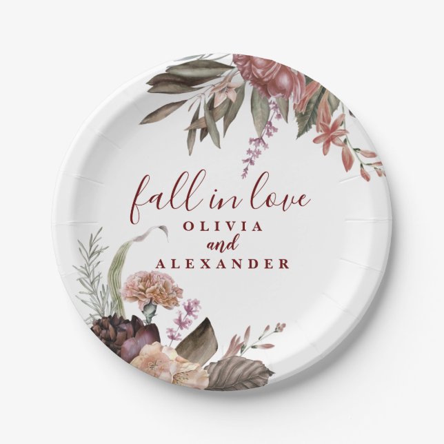 Boho Burgundy Roses fall in love floral wedding Paper Plate (Front)