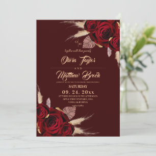  Boho Burgundy Roses Floral Wedding Invitation