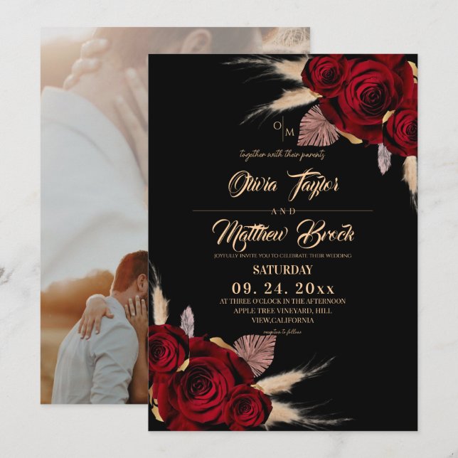  Boho Burgundy Roses Floral Wedding Invitation (Front/Back)