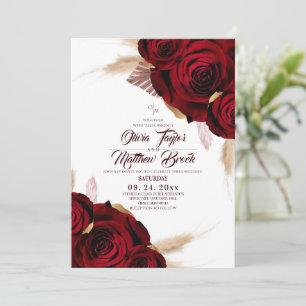  Boho Burgundy Roses Pampas Grass Wedding Invitation