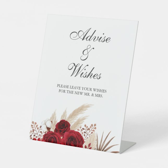 Boho Burgundy Roses Pampas Grass Wishes Pedestal Sign (Front)