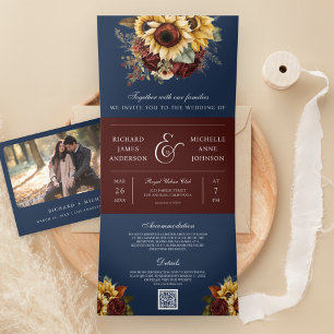 Boho Burgundy Roses Sunflower Navy QR Code Wedding Tri-Fold Invitation