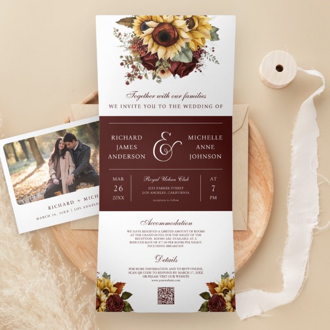 Boho Burgundy Roses Sunflowers QR Code Wedding Tri-Fold Invitation (Creator Uploaded)