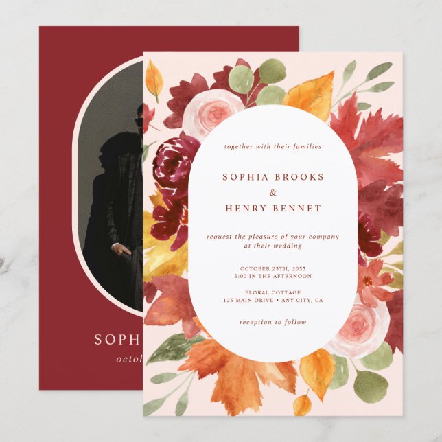 Boho Burgundy Rustic Floral Photo Wedding Invitation (Front/Back)