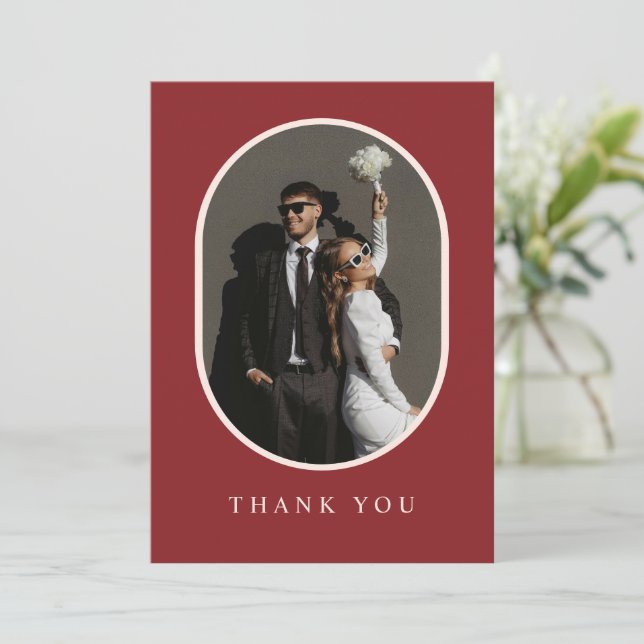 Boho Burgundy Rustic Floral Photo Wedding Thank You Card (Standing Front)