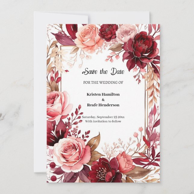 Boho Burgundy Script Save The Date (Front)