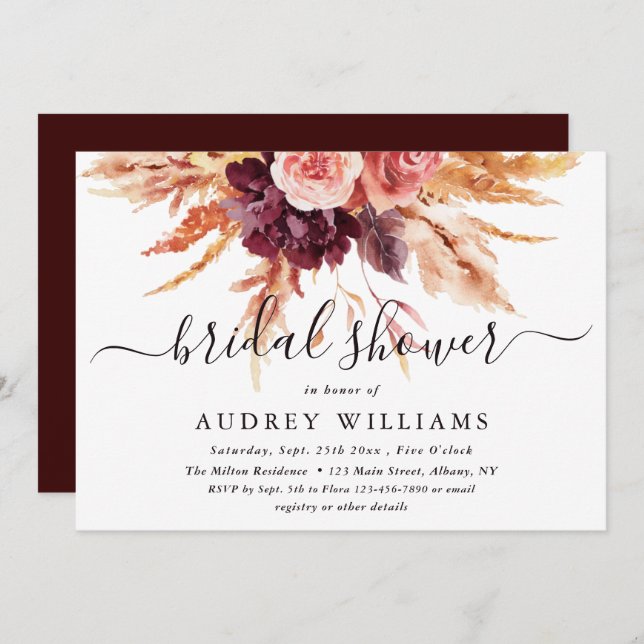 Boho Burgundy Terracotta Floral Bridal Shower Invitation (Front/Back)