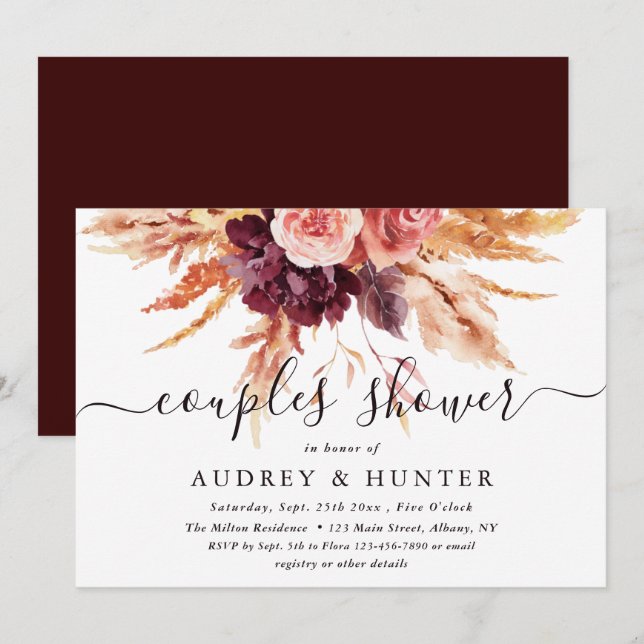 Boho Burgundy Terracotta Floral Couples Shower  Invitation (Front/Back)