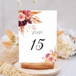 Boho Burgundy Terracotta Floral Wedding Table Number<br><div class="desc">This wedding table number features hand-painted rustic watercolor flowers in terracotta,  burgundy,  burnt orange,  yellow,  blush with beige and brown pampas grass. For more advanced customisation of this design,  please click the "customise further" link. Matching items are also available.</div>