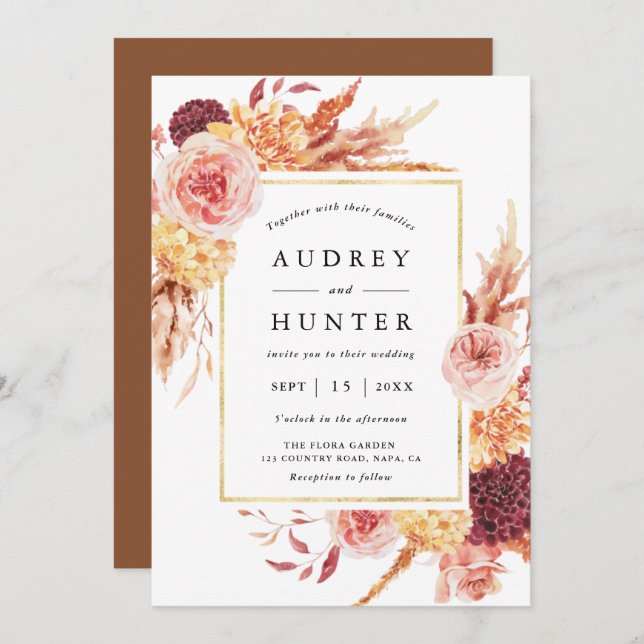 Boho Burgundy Terracotta Flower Gold Frame Wedding Invitation (Front/Back)