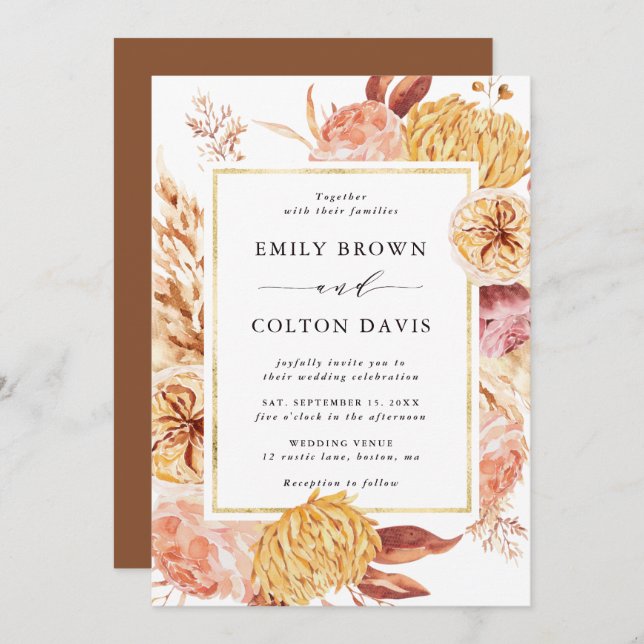 Boho Burgundy Terracotta Flower Gold Frame Wedding Invitation (Front/Back)