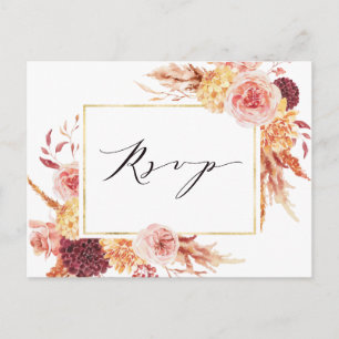 Boho Burgundy Terracotta Flowers Wedding RSVP Postcard