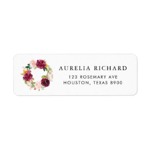 Boho Burgundy Watercolor Autumn Flowers Wreath Return Address Label