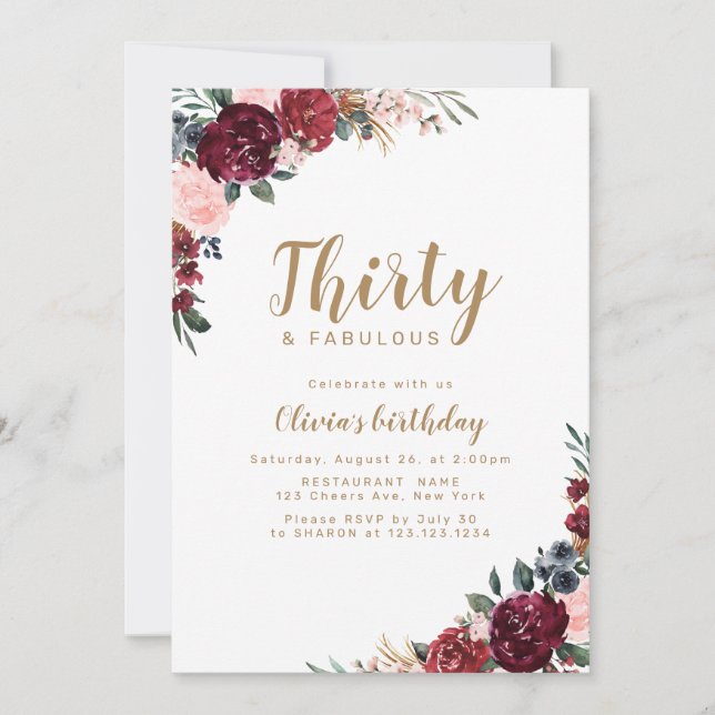 Boho burgundy watercolor floral 30th birthday invitation (Front)