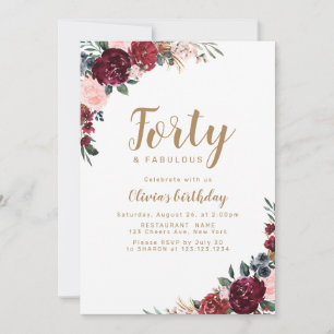 Boho burgundy watercolor floral 40th birthday invitation