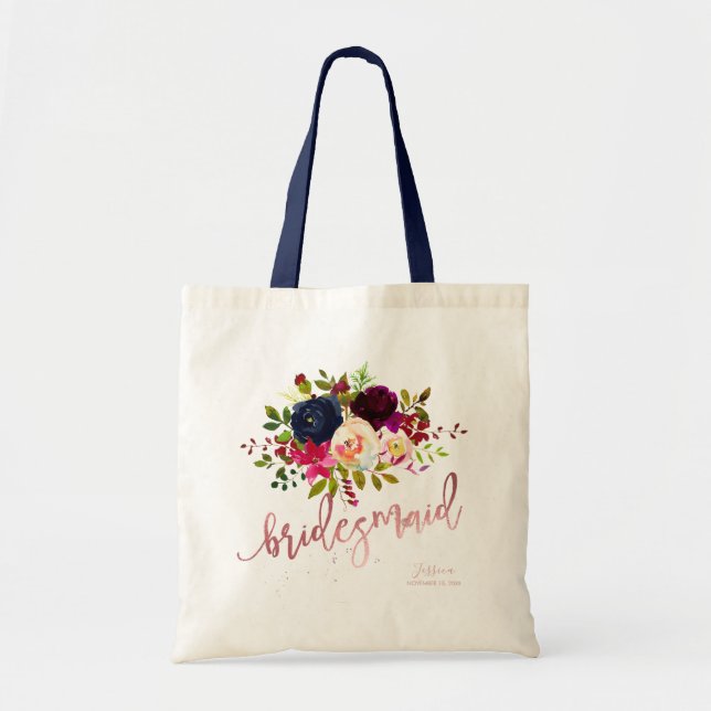 Boho Burgundy Watercolor Flowers Bridesmaid Gift Tote Bag (Front)