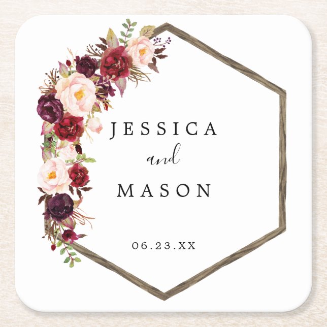 Boho Burgundy Wedding Coasters (Front)