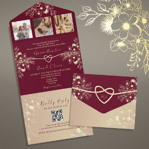 Boho Burgundy Wedding QR Code All In One Invitation