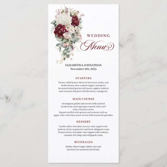 Boho Burgundy White Floral Wedding Menu Card (Front)