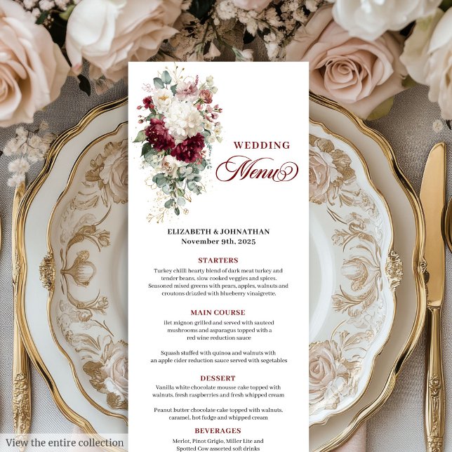 Boho Burgundy White Floral Wedding Menu Card (Boho Burgundy White Floral Wedding Menu Card)