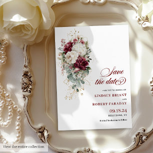 Boho burgundy white gold floral save the date card