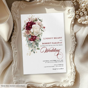 Boho Burgundy White Gold Leaf Wedding Invitation