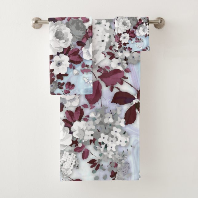 Boho burgundy white pastel marble floral pattern bath towel set (Insitu)