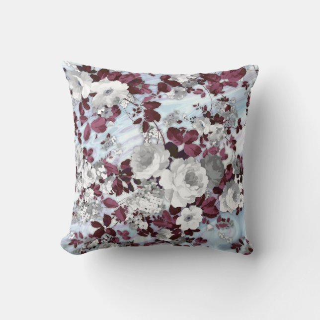 Boho burgundy white pastel marble floral pattern cushion (Front)
