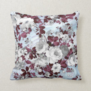 Boho burgundy white pastel marble floral pattern cushion