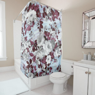 Boho burgundy white pastel marble floral pattern shower curtain
