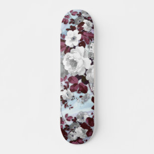 Boho burgundy white pastel marble floral pattern skateboard