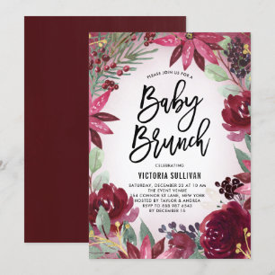 Boho Burgundy Winter Floral Baby Shower Brunch Invitation