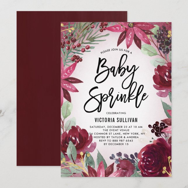Boho Burgundy Winter Floral Baby Shower Sprinkle Invitation (Front/Back)