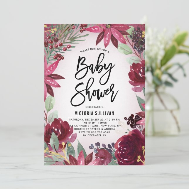 Boho Burgundy Winter Floral Frame Baby Shower Invitation (Standing Front)