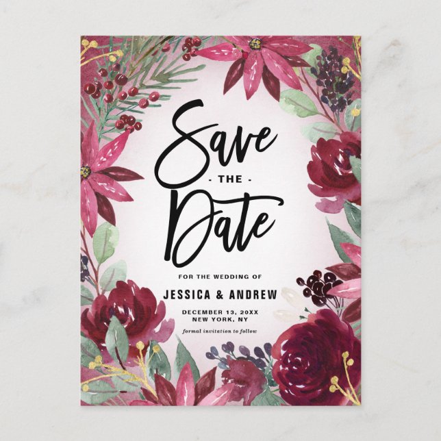 Boho Burgundy Winter Floral Frame Save the Date Postcard (Front)